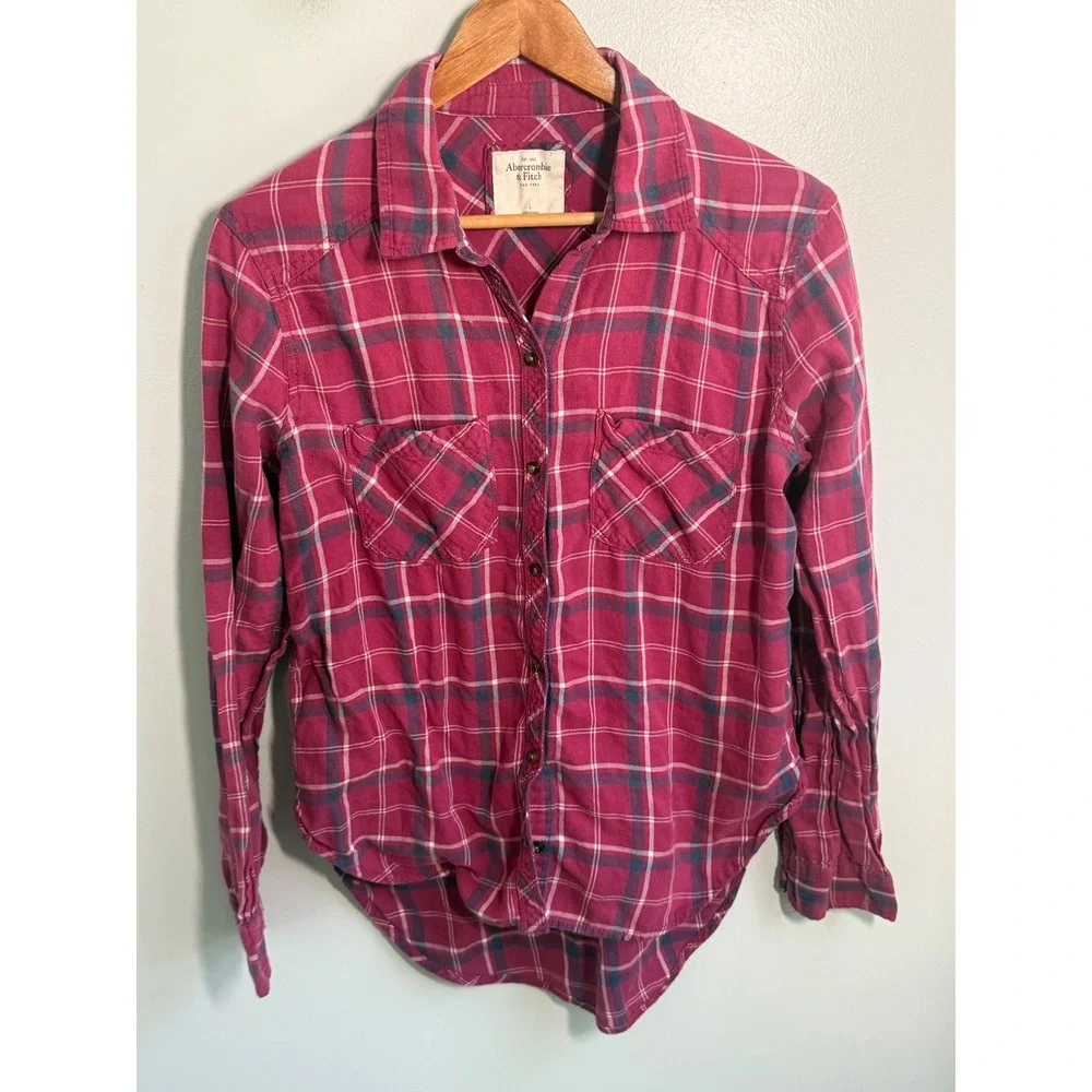 Abercrombie & Fitch Women Pink Plaid Flannel Button Down Shirt Long Sleeve Large